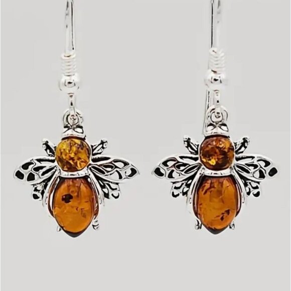 Imitation Amber Honeybee Dangle Earrings Silver Tone Hook - Picture 1 of 2